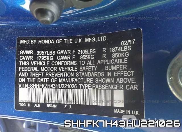 SHHFK7H43HU221026 фото 7