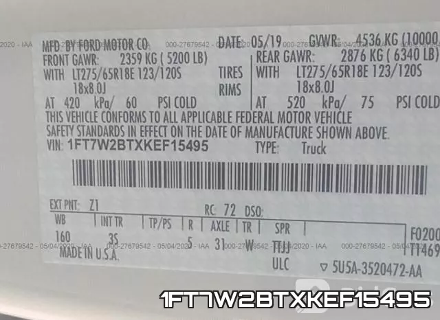 1FT7W2BTXKEF15495 фото 7