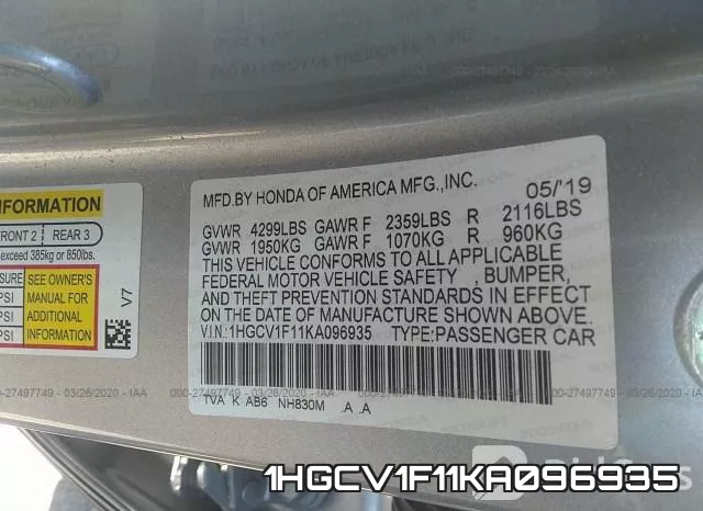 1HGCV1F11KA096935 фото 6