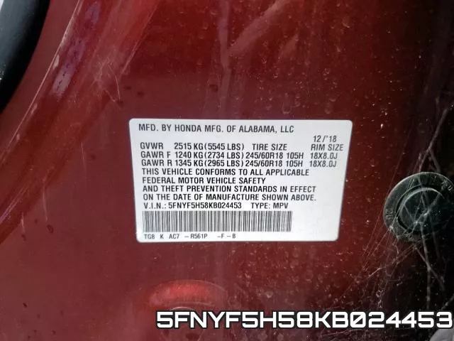 5FNYF5H58KB024453 фото 2