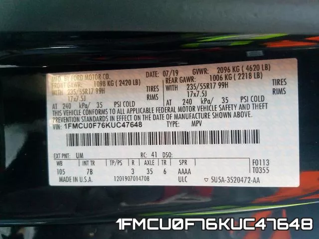 1FMCU0F76KUC47648 фото 2
