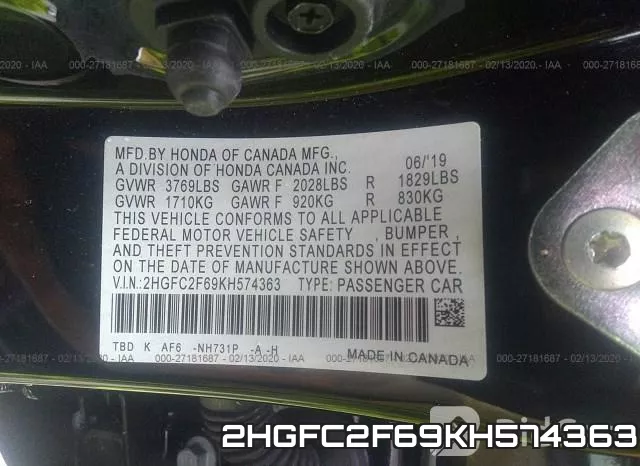 2HGFC2F69KH574363 фото 5