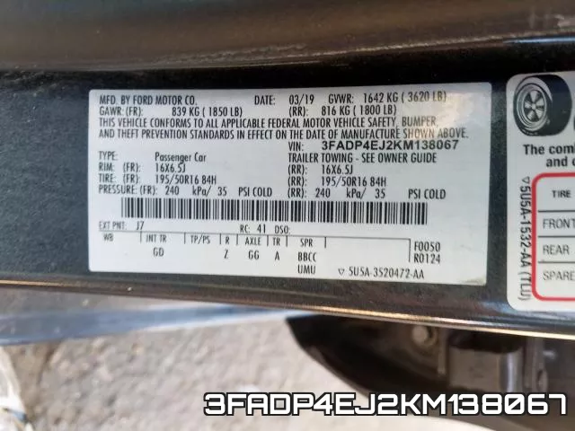 3FADP4EJ2KM138067 фото 2