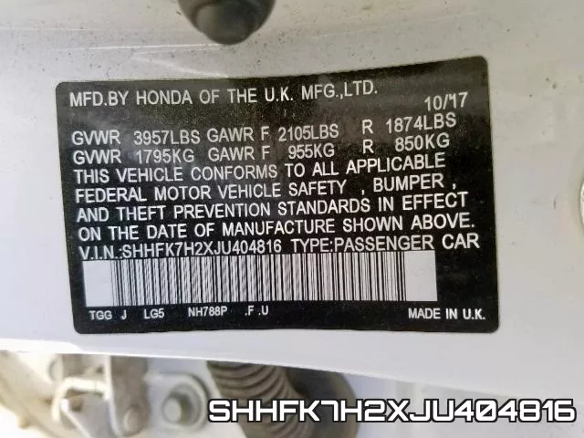 SHHFK7H2XJU404816 фото 2