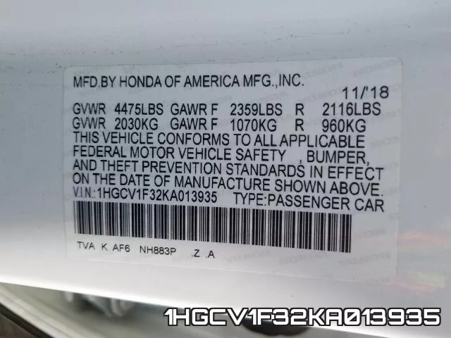 1HGCV1F32KA013935 фото 2
