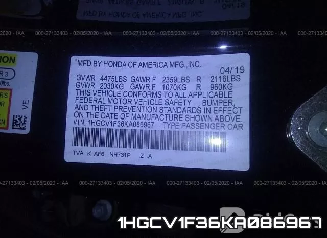 1HGCV1F36KA086967 фото 10