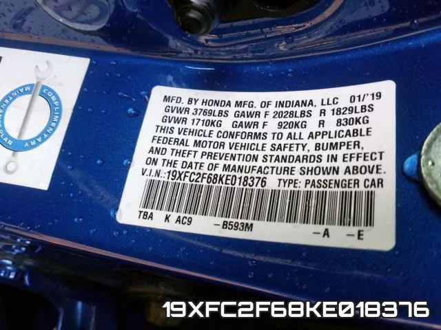 19XFC2F68KE018376 фото 2