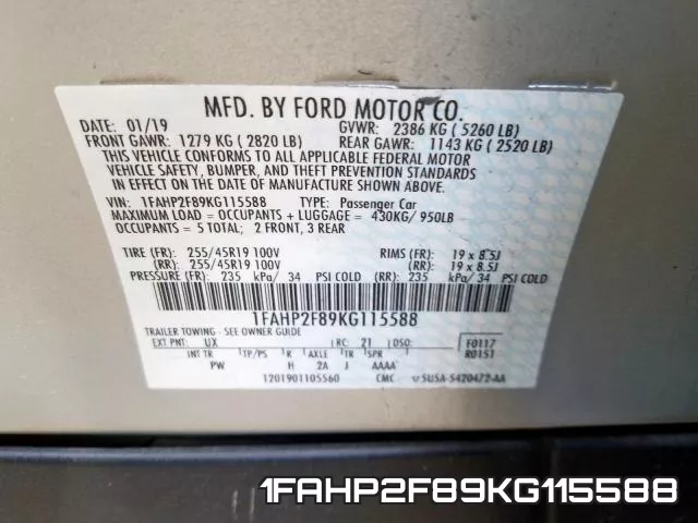 1FAHP2F89KG115588 фото 2