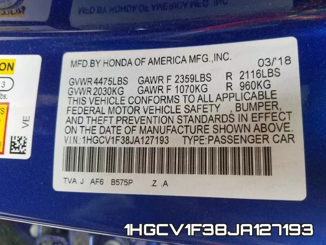 1HGCV1F38JA127193 фото 2