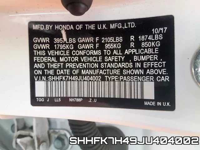 SHHFK7H49JU404002 фото 2