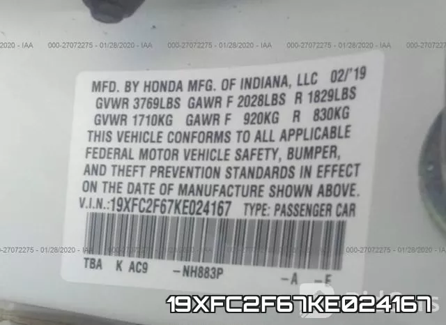 19XFC2F67KE024167 фото 7