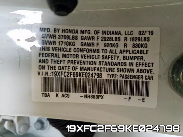 19XFC2F69KE024798 фото 2