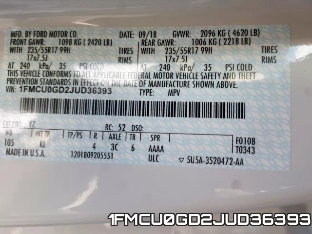 1FMCU0GD2JUD36393 фото 2