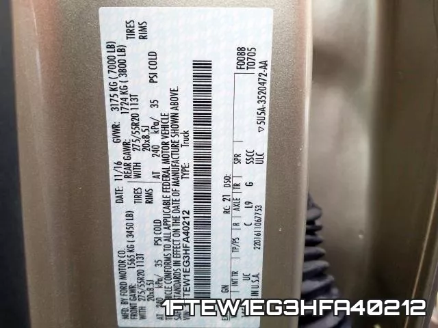 1FTEW1EG3HFA40212 фото 2