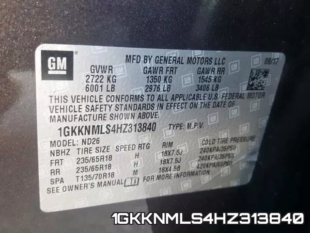 1GKKNMLS4HZ313840 фото 2