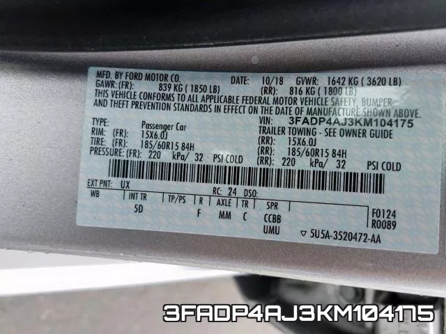 3FADP4AJ3KM104175 фото 2