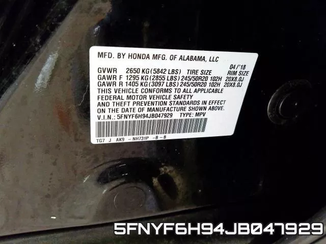 5FNYF6H94JB047929 фото 2
