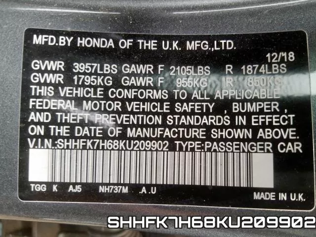 SHHFK7H68KU209902 фото 2