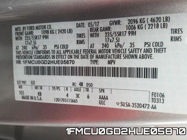 1FMCU0GD2HUE05870 фото 2