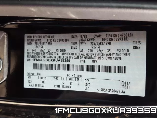 1FMCU9GDXKUA39359 фото 2