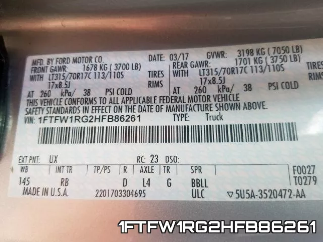 1FTFW1RG2HFB86261 фото 2