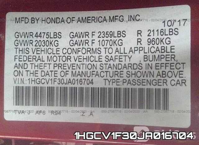 1HGCV1F30JA016704 фото 7