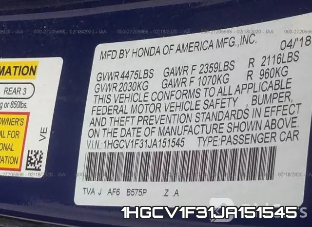 1HGCV1F31JA151545 фото 8