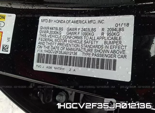 1HGCV2F35JA012136 фото 4