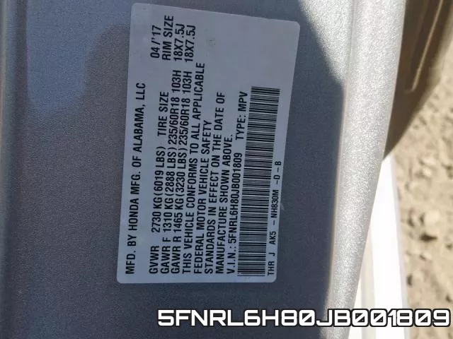 5FNRL6H80JB001809 фото 2