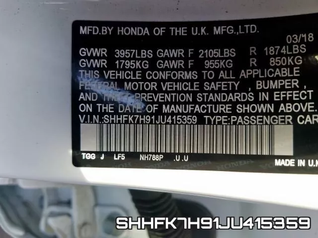 SHHFK7H91JU415359 фото 2