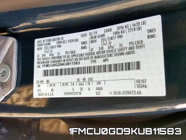 1FMCU0GD9KUB11583 фото 2