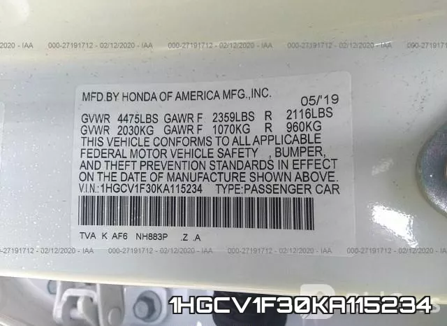 1HGCV1F30KA115234 фото 6