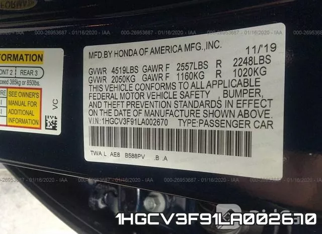 1HGCV3F91LA002670 фото 10