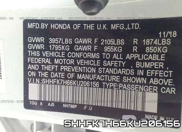 SHHFK7H66KU206156 фото 8