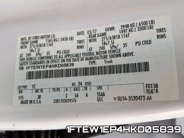 1FTEW1EP4HKD05839 фото 2