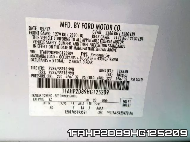 1FAHP2D89HG125209 фото 2