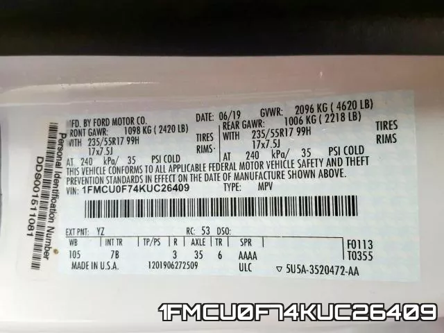 1FMCU0F74KUC26409 фото 2