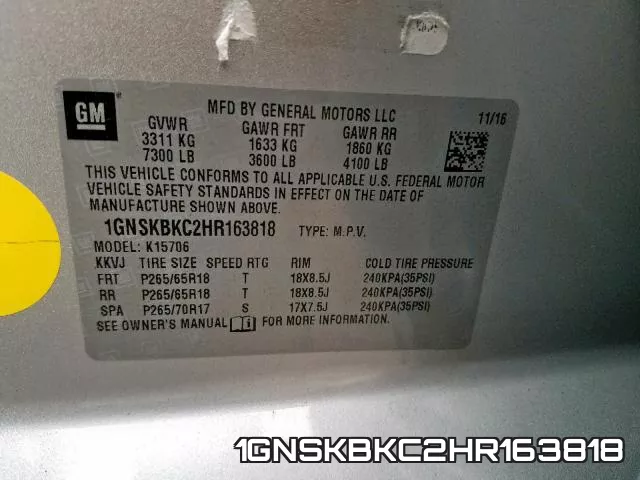 1GNSKBKC2HR163818 фото 2