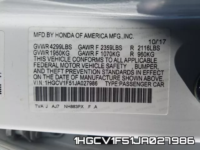 1HGCV1F51JA027986 фото 2