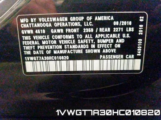 1VWGT7A30HC010820 фото 2
