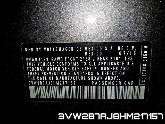 3VW2B7AJ8HM217157 фото 2