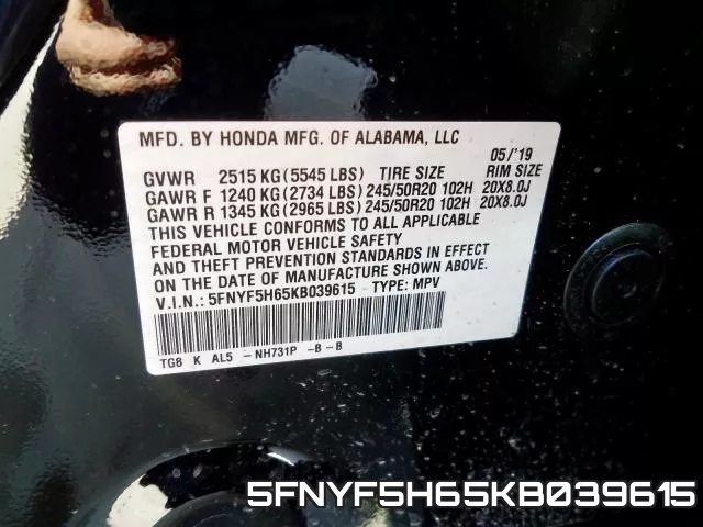 5FNYF5H65KB039615 фото 2