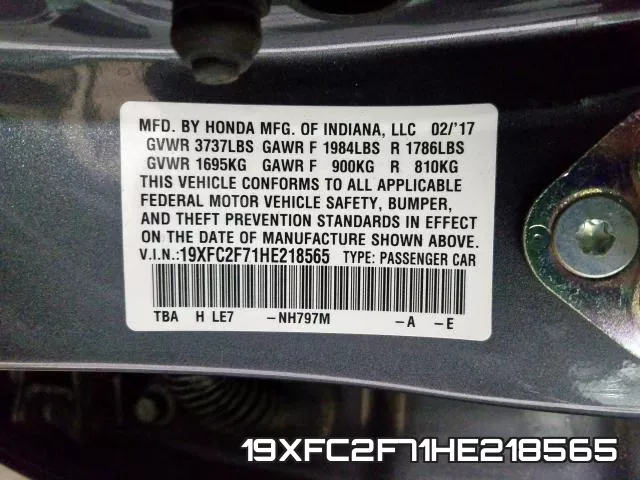 19XFC2F71HE218565 фото 2