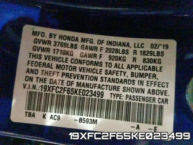 19XFC2F65KE023499 фото 2