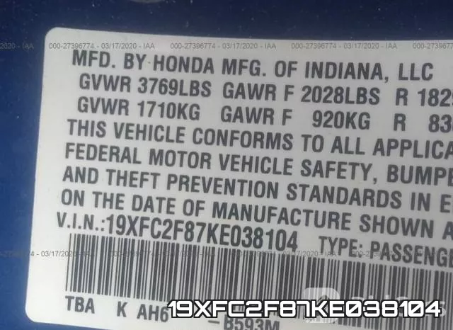 19XFC2F87KE038104 фото 10