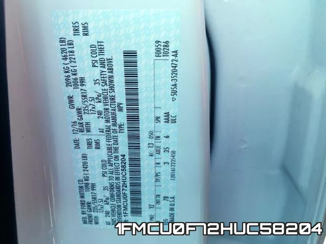 1FMCU0F72HUC58204 фото 2