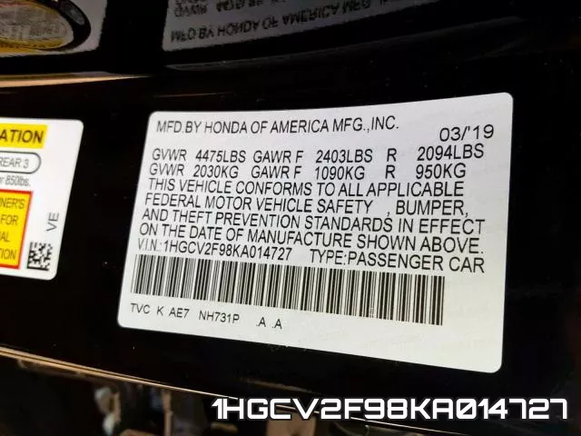 1HGCV2F98KA014727 фото 2