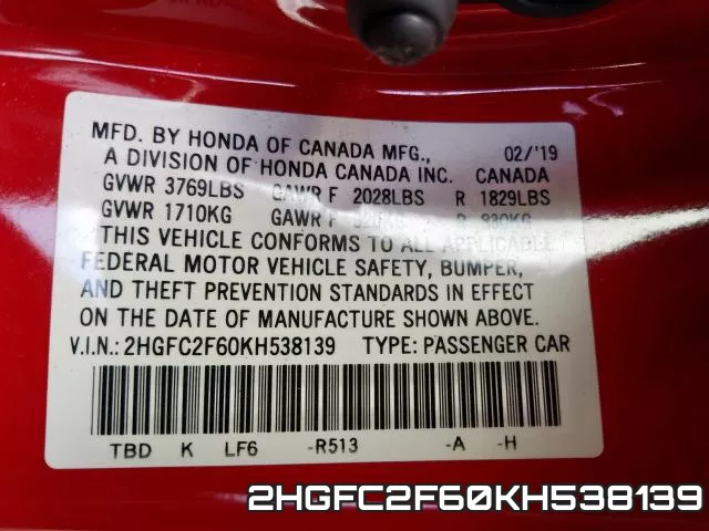 2HGFC2F60KH538139 фото 2