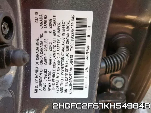 2HGFC2F67KH549848 фото 2