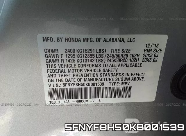 5FNYF8H50KB001539 фото 10